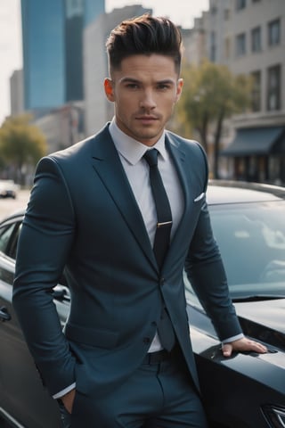 hyper-realistic photo, handsome fit muscles young man in suit wear, photo on nikon Z7 on the car, wave dark hair, cozy bright car, film grain, f1. 8, city paradise,Extremely Realistic, in different poses, on the road to office