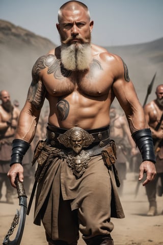 a close-up of a person with a beard, man of war, wide shot, full body, large and structured battlefield valhalla, trending on pinterest, an angry muscular army general, trending on cgtalk, bestial, tattoos, the character is standing , blonde beard, he is about 60 years old, discord moderator, monk, braavos, strongly downvoted, surrender