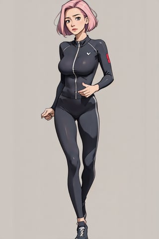 1 girl (best quality), full body, pink hair, short bob hair, astro costume, purple eyes, tight bodysuit, transparent bodysuit, leotard, pose character characteristics, standing pose relaxed arms, neutral standing pose, character characteristics character, full character, futuristic footwear, cyberpunk style, masamune shirow style, neco style, No background, light background, white background, plain white background, no background, clean background, jumpsuit,th1nsh1rtng,leggings,SAM YANG