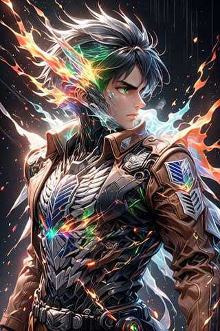 high quality, 8K Ultra HD, Imagine a vibrant canvas illuminated, dynamic lines and patterns similar to yellow lightning, solo, black hair, 1boy, green eyes, jacket, male focus, profile, glowing, fire, black background, breath, emblem, paradis military uniform, RGB vfx, full vxf, survey corps \(emblem\), eren yeager,photorealistic,realistic