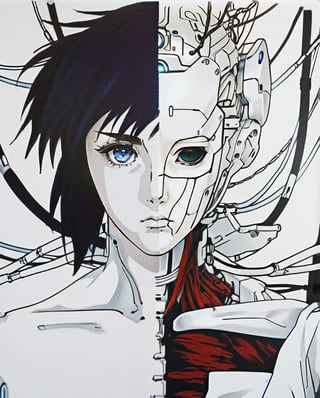 8K, HD, detailed, anime style, natural skin on the left side and glossy robotic colors on the right side with white, blue and silver colors. Crisp colors, good color saturation,more detail XL