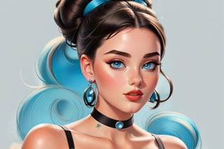 Girl with expressive sky blue eyes, hair combed in two messy buns.
Modifiers:
Colorful modern style illustration Coby Whitmore ART VINTAGE 1950s fashion illustration. BODY up to her waist, she has large breasts, very large breasts and has a tattoo on her shoulder, she wears a black choker with a colored gemstone red.,3D,PIXAR