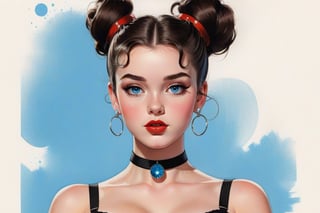 young girl with expressive azure blue eyes, hair styled into two messy buns
Modifiers:
modern colorful illustration style Coby Whitmore ART VINTAGE 1950s fashion illustration,THREE-QUARTER BODY, she has large breasts and has a tattoo on her shoulder, she wears a black choker with a red gemstone.,mirham
