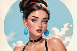 Girl with expressive sky blue eyes, hair combed in two messy buns.
Modifiers:
Colorful modern style illustration Coby Whitmore ART VINTAGE 1950s fashion illustration. BODY up to her waist, she has large breasts, very large breasts and has a tattoo on her shoulder, she wears a black choker with a colored gemstone red.,3D,PIXAR