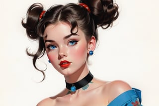 young girl with expressive azure blue eyes, hair styled into two messy buns
Modifiers:
modern colorful illustration style Coby Whitmore ART VINTAGE 1950s fashion illustration,THREE-QUARTER BODY, she has large breasts and has a tattoo on her shoulder, she wears a black choker with a red gemstone.,mirham