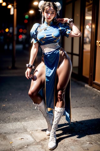 Detailedeyes,  Detailedface,  More Detail,  Realism,  Photorealism, 

1girl,  solo,  woman,  30yo,  (chun li, chun-li), milf,  beauty, chinese, stout, thick,

((blue dress, short_sleeves, pelvic curtain, spiked bracelet, sash, brown pantyhose), white laceup boots)),

{(hourglass_figure, huge_breasts:1.6, bursting breasts:1.4, voluptuous,  curvy_figure,  curvaceous),  (athletic,  muscular:1.4,  abs, muscular arms:1.2,  muscular legs:1.6)},
{(brown eyes,  bright_pupils),  makeup,  lips,  lipstick,  moist_skin}, 
 
{(brown hair, short hair, (double bun), bun cover)}, 

{kung-fu},

{(background,  kung-fu dojo, tatami_mats, blurry)},  (beautiful_face:1.5),  (full_body:1.6),  (masterpiece,  best quality:1.4)