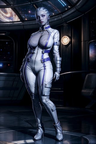 (full_shot:1.5), (full_body:1.7), (masterpiece), (best_quality:1.4), Detailedeyes, Detailedface, better_hands, More Detail, Realism, Photorealism,
 
1girl, (solo:1.2), mature_woman, 30yo, ((Liara)), milf,

{(white_bodysuit, no_hair, tentacles_for_hair)},

{((hourglass_figure), (large_breasts:1.3), voluptuous, curvy_figure, curvaceous, (toned, fit))},

{((ff8bg), background, scifi, high-tech, (space_station|spaceship), command_deck)}, {(standing)},

{(beautiful_face:1.5), (purple_eyes), bright_pupils, makeup, smile)}, 