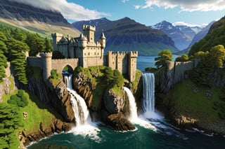 (long_shot:1.3), (masterpiece), (best_quality:1.4), more detail XL,  Extremely Realistic,  Photorealism,

Castletown, surrounded by lake, at the base of a mountain and a massive waterfall falls from the mountain on both sides of the castle into the lake