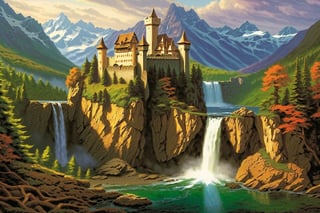 (long_shot:1.3), (masterpiece), (best_quality:1.4), more detail XL,  Realism,  Photorealism, 

Castle, surrounded by lake, at the base of a mountain and a massive waterfall falls from the mountain on both sides of the castle into the lake