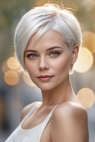  a beautiful woman, swedish, white short hair, masterpiece, portrait, bokeh, very detailed, digital photography, realistic