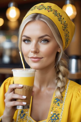 A beautiful Swedish woman, wearing yellow Swedish traditional clothing, in a coffee shop drinking a drink.
masterpiece, Digital photography, portrait, hyperdetailed skin, skin pores, good quality, hyperdetailed, 8k, good composition, bokeh, 