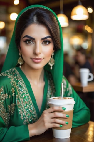 A beautiful Persian woman, wearing green Persian clothing, in a coffee shop drinking a drink.
masterpiece, Digital photography, portrait, hyperdetailed skin, skin pores, good quality, hyperdetailed, 8k, good composition, bokeh, 