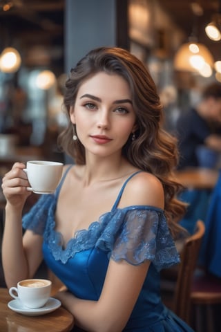 A Beautiful French woman drinking in a coffee shop wearing a Blue French dress, portrait, digital photography, professional photographer, masterpiece, bokeh, hair light,photorealistic