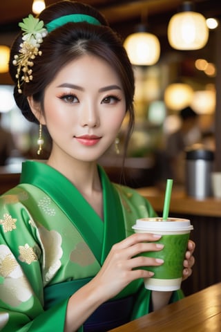 A beautiful Japanese woman, wearing green Japanese traditional clothing, in a coffee shop drinking a drink.
masterpiece, Digital photography, portrait, hyperdetailed skin, skin pores, good quality, hyperdetailed, 8k, good composition, bokeh, 
