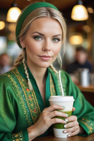 A beautiful Swedish woman, wearing green Swedish traditional clothing, in a coffee shop drinking a drink.
masterpiece, Digital photography, portrait, hyperdetailed skin, skin pores, good quality, hyperdetailed, 8k, good composition, bokeh, 