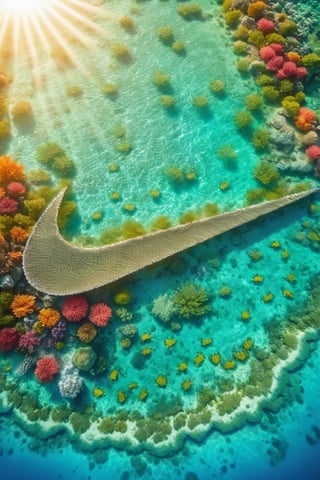 Top-down view of a vibrant coral reef teeming with exotic marine life, masterpiece, good lighting, 8k, ((summer)), photoreal, sunlight shimmering on the turquoise waters, wide lens, bokeh.