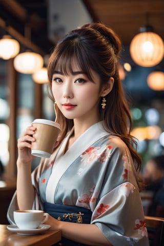 A Beautiful Japanese woman, drinking in a coffee shop wearing a Japanese clothing, portrait, digital photography, professional photographer, masterpiece, bokeh, hair light, photorealistic, bangs hair