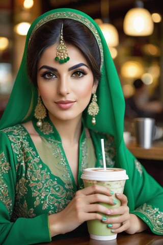 A beautiful Persian woman, wearing green Persian traditional clothing, in a coffee shop drinking a drink.
masterpiece, Digital photography, portrait, hyperdetailed skin, skin pores, good quality, hyperdetailed, 8k, good composition, bokeh, 
