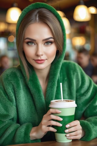 A beautiful Russian woman, wearing green Russian clothing, in a coffee shop drinking a drink.
masterpiece, Digital photography, portrait, hyperdetailed skin, skin pores, good quality, hyperdetailed, 8k, good composition, bokeh, 