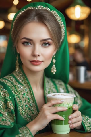 A beautiful Russian woman, wearing green Russian traditional clothing, in a coffee shop drinking a drink.
masterpiece, Digital photography, portrait, hyperdetailed skin, skin pores, good quality, hyperdetailed, 8k, good composition, bokeh, 