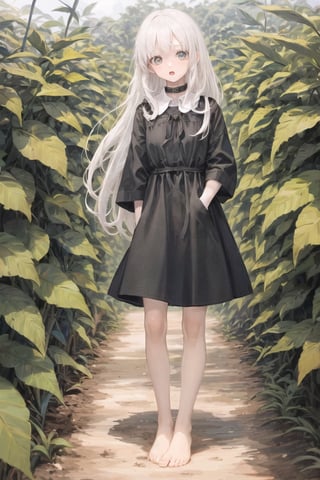 high quality
8 year old girl
albino
long white hair
striped pupula green eyes
black collar dress
barefoot

on a coffee farm