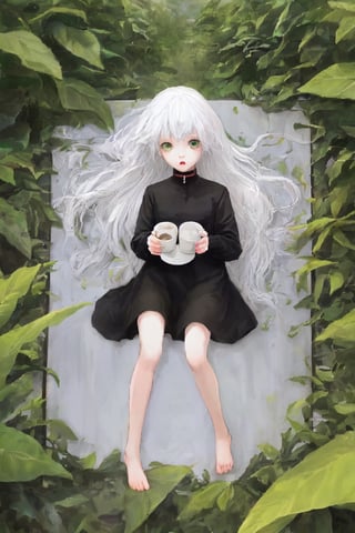 high quality
8 year old girl
albino
long white hair
pronounced nose

green cat eyes
black collar dress
barefoot

on a coffee farm