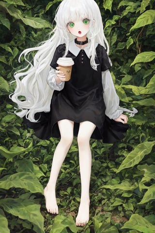 high quality
8 year old girl
albino
long white hair
pronounced nose

green cat eyes
black collar dress
barefoot

on a coffee farm