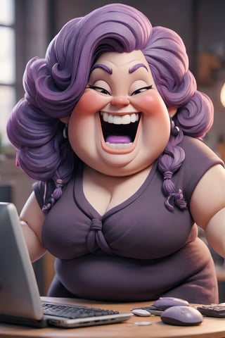 high quality
obese woman
ugly purple hair

smiling
looking at computer