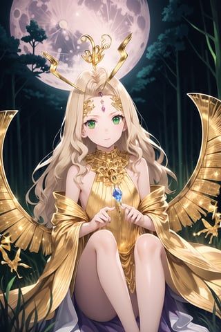 high quality
 serious feminine
 25 years old
Long blonde hair, green eyes, white skin.

golden dress a gold chain around the neck
a crystal horn on the forehead
big red butterfly wings
barefoot


In the middle of a forest, full moon night
