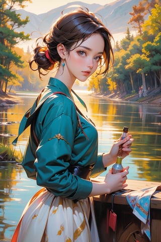 1 girl, picnic by the lake, mute colors, Rococo-style oil painting, masterpiece,More Detail,Colors