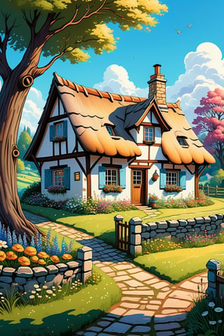 A charming and idyllic fairytale painting, representing a beautiful cottage, set against a lovely cottage background, fairytale, 4K UHD,rivghn style,comic book