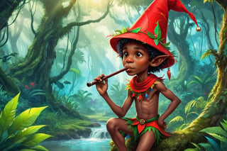 black african child
, Brazilian indigenous culture, one-legged mischievous elf, wearing a red conical hat, with a pipe in his mouth, vibrant colors, detailed character design, folklore illustration, mystical forest background