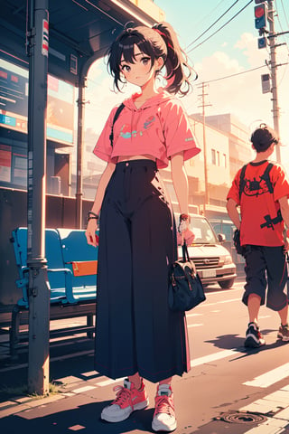 (((masterpiece))),best quality, illustration,beautiful detailed glow,
1girl, black eyes, black hair, long hair, ponytail,pink short sleeves, wide leg pants, sneakers, at the bus stop,urban style,
blad4,Retro