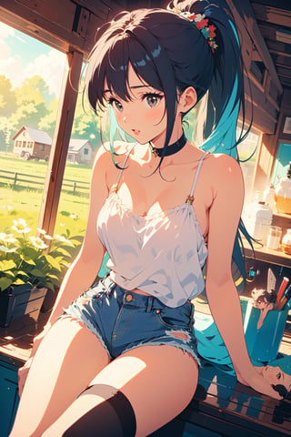 (((masterpiece))),best quality, illustration,beautiful detailed glow,
1girl, black eyes, black hair, long hair, ponytail, cyan camisole, denim shorts, black stockings, white sneakers, In the farm, sunny, pastoral style
blad4,Retro