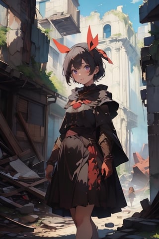 (((masterpiece))),best quality, illustration,beautiful detailed glow,
a beautiful girl, delicate eyes, purple eyes, black hair, short hair, red headband, long fitted skirt, brown cloak, in the ruins of the city,run,
breakdomain,pastelbg,nodf_lora