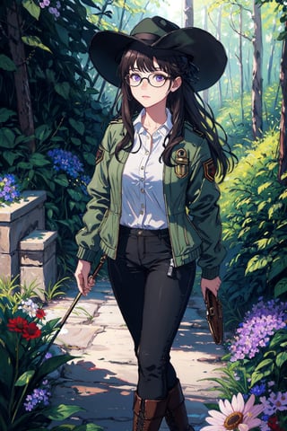 (((masterpiece))),best quality, illustration,beautiful detailed glow,
An experienced plant expert with black eyes, black-rimmed glasses, wearing a white shirt, a military green jacket, black pants, brown boots, and an adventure hat was looking at a purple flower in surprise in the depths of a dense forest. flower,oil painting,Anitoon2,breakdomain,dal,Roman Ships