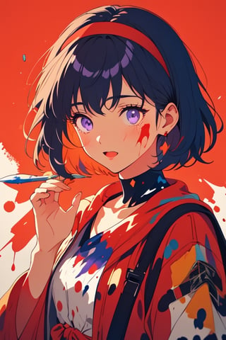 (((masterpiece))),best quality, illustration,beautiful detailed glow,
a beautiful girl, delicate eyes, purple eyes, black hair, short hair, red headband, fitted robe,excited, splattered paint, open hands,blank background,
blad4,Retro