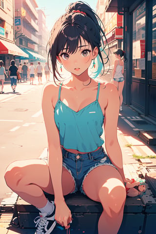 (((masterpiece))),best quality, illustration,beautiful detailed glow,
1girl, black eyes, black hair, long hair, ponytail, cyan camisole, denim shorts, black stockings, white sneakers with red edges, taking photos on the street, sunny, urban style
blad4,Retro