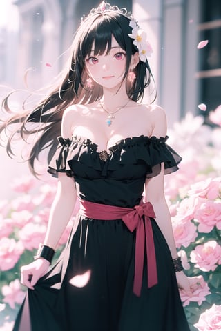 Masterpiece, beautiful details, perfect focus, uniform 8K wallpaper, high resolution,1girl, red eyes, long hair, breasts, smile, bangs, hair ornament, dress, bow, ribbon, cleavage, bare shoulders, jewelry, medium breasts, pink long hair, closed mouth, standing, collarbone,  flower,  earrings, frills, detached sleeves, hair flower, necklace, white cloak, blurry, bracelet, gradient, strapless, floating hair, depth of field, black dress, rose, tiara, white flower, gem, strapless dress, light particles, pink flower, skirt hold, off-shoulder dress, pink rose,Sea of flowers, petals, flying, sunny,perfect light,cartoon,anime