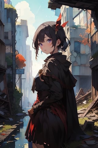 (((masterpiece))),best quality, illustration,beautiful detailed glow,
a beautiful girl, delicate eyes, purple eyes, black hair, short hair, red headband, long fitted skirt, brown cloak, in the ruins of the city,fall,
breakdomain,pastelbg,nodf_lora