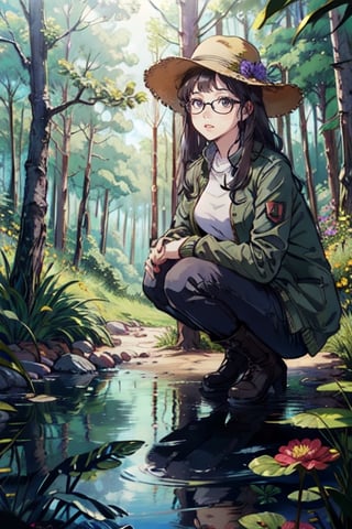 (((masterpiece))),best quality, illustration,beautiful detailed glow,
An experienced plant expert with black eyes, black-rimmed glasses, wearing a white shirt, a military green jacket, black pants, brown boots, and an adventure hat was looking at a purple flower in surprise in the depths of a dense forest. flower,oil painting,Anitoon2,breakdomain,dal,Roman Ships