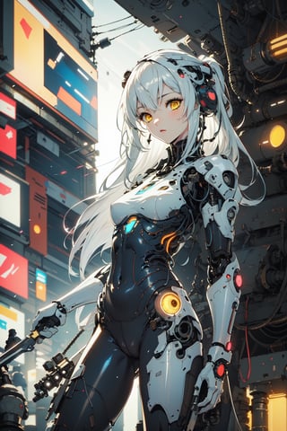 (((masterpiece))),best quality, illustration,beautiful detailed glow,
1girl, bounty hunter, white hair, long hair, yellow eyes, tights, short knife, military boots, cyberpunk, mechanical arm, urban style, close-up,
blad4,Retro,cyborg 