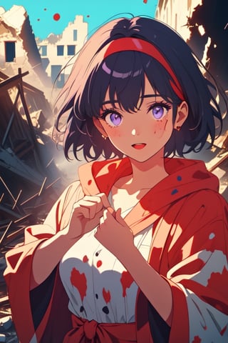 (((masterpiece))),best quality, illustration,beautiful detailed glow,
a beautiful girl, delicate eyes, purple eyes, black hair, short hair, red headband, fitted robe, in the ruins of the city,excited, splattered paint, open hands,blank background,
blad4,Retro