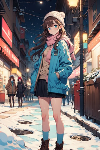 (((masterpiece))),best quality, illustration,beautiful detailed glow,
1girl, brown hair, long hair, blue eyes, pink woolen hat, beige scarf, cyan sweater, long windbreaker, leather skirt, woolen socks, brown boots, hands in pockets, night, snowing, under street lights,Retro