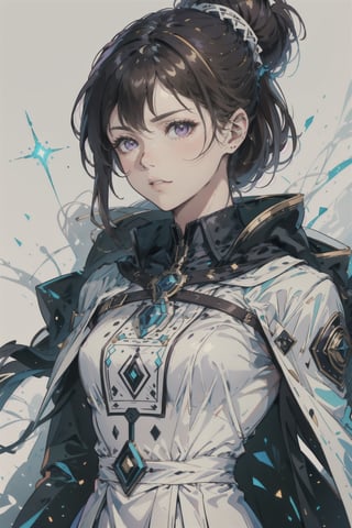 A mature woman of 26 years, forgotten by time, with brown hair, hair up, purple eyes, a mage's robe with light armor, a hardened, determined gaze, white background,Redayana