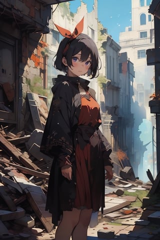 (((masterpiece))),best quality, illustration,beautiful detailed glow,
a beautiful girl, delicate eyes, purple eyes, black hair, short hair, red headband, fitted robe, in the ruins of the city,fall,
breakdomain,pastelbg,nodf_lora