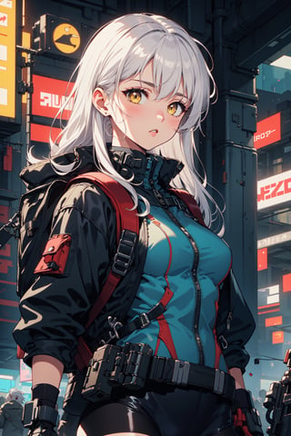 (((masterpiece))),best quality, illustration,beautiful detailed glow,
1girl, bounty hunter, white hair, long hair, yellow eyes, tights, tactical backpack, military boots, cyberpunk, urban style,close-up,
blad4,Retro