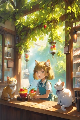 A cute girl is eating ice cream in a cat cafe. The coffee shop is decorated with decorations, and there are piles of fruits on the bar, which look delicious and tempting. Art glass container. A quiet cat cafe facing a beautiful garden.

As the warmth of the summer sun beat down, 10-year-old Sakura was thrilled for her weekly treat - an afternoon out with Obaa-chan at the quaint little cafe nestled amongst the blossom trees. The rustic wooden walls were covered in flowering vines, their sweet scent wafting on the breeze. Colorful hangings and artwork filled any spaces not overflowing with blooms.

It was here that Obaa-chan always treated Sakura to the cafe's specialty - a towering glass of their 'Rainbow Reviver' frappe. Vibrant flavors of berries, mangoes and coconut were artistically layered in spirals, sure to lift any mood. Today, Sakura had also chosen a fresh fruit sundae, piled high with peaches, strawberries and kiwi atop creamy vanilla.

As always, the first bite was heavenly. Sweet juices burst across her tongue as soft fruits melted in her mouth. Laughter and chatter drifted out from the open windows, mingling with birdsong in the branches above. All around, other patrons enjoyed treats as deliciously. Behind the counter, the baristas worked diligently to create more masterpieces.

