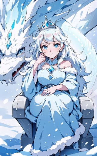 reate a hyper realistic image of Snow queen sitting in ice throne , uninsterested in the viewer, stunning beauty , light blue flowy dress, long snow white hairs, blue eyes, high detailed , sharp focus, deep image, colourful, cyber vibe.,dragonbaby