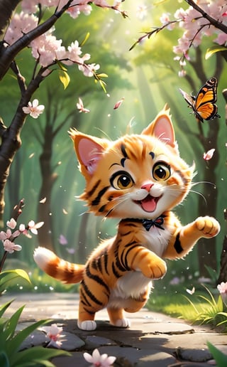 Playful scene of a small orange tabby cat, Its fur is yellow with black tiger stripes, batting at a butterfly with its tiny paws. The butterfly, seemingly unfazed, flits around the kitten, Lead it on a happy chase through a forest of blooming cherry blossoms. The image is a heartwarming portrayal of youthful curiosity and the joy of exploration.
